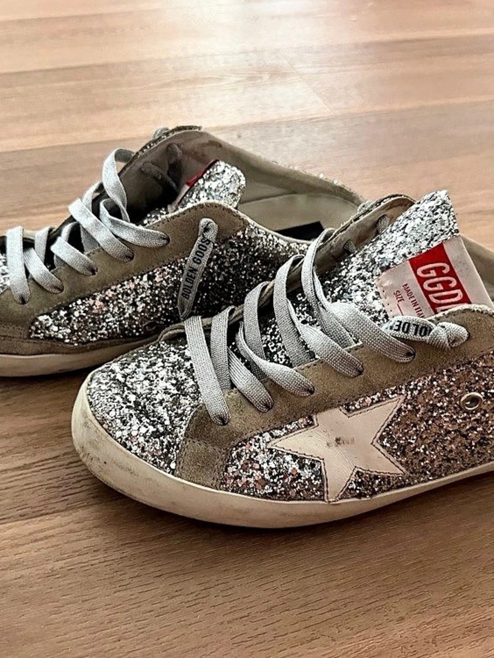 Golden Goose Super-Star Sabot Sneaker in Silver Glitter with White Star Sabot